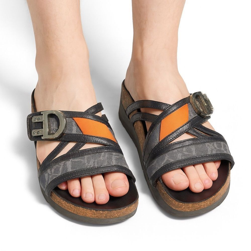 DIOR Dark Blue Leather & Trotter 'D' Buckle Cross Strap Flat Sandals Siz…